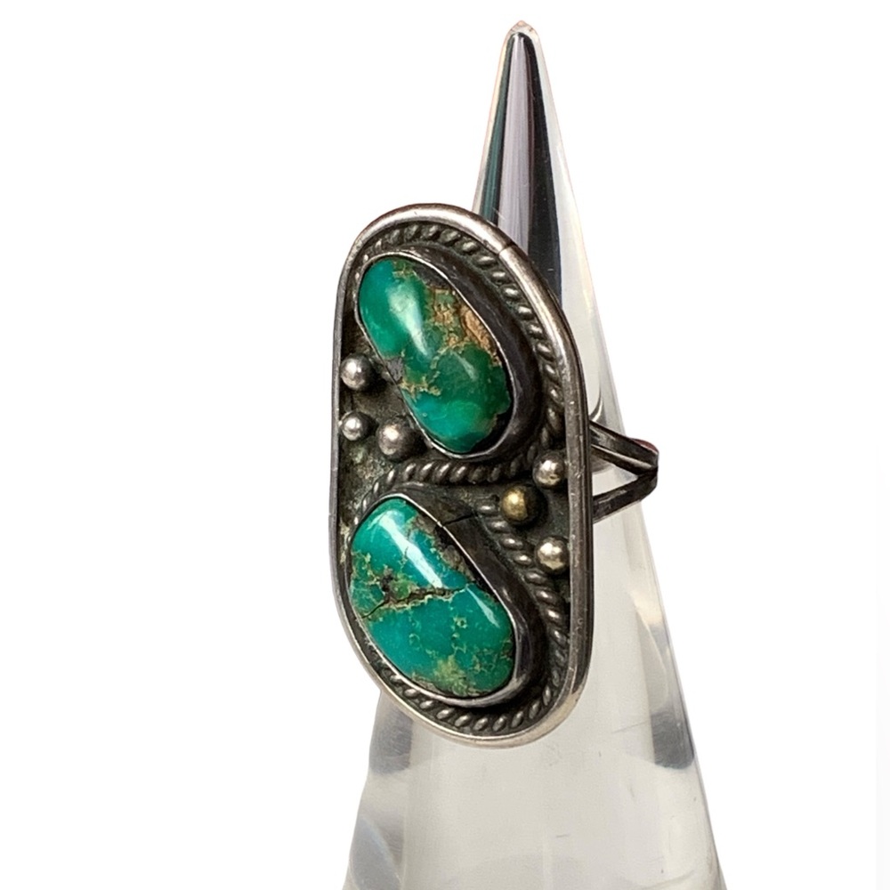 Vintage Double Stone Sterling Silver Turquoise Green Woman’s Ring Jewelry